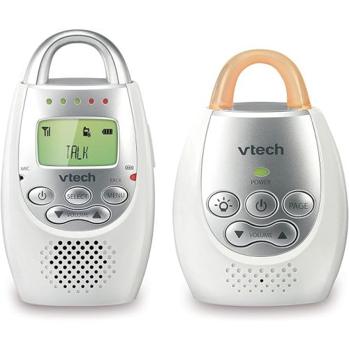 VTech DM221 Audio Baby Monitor with up to 1,000 ft of Range, Vibrating Sound-Alert, Talk Back Intercom & Night Light Loop, White/Silver - Monitor with One Parent Unit