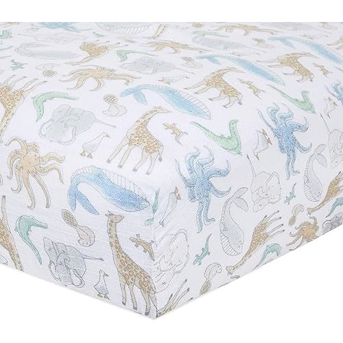 aden + anais Essentials Classic Crib Sheet, 100% Cotton Muslin, Super Soft & Breathable, Tailored Snug Fit, Natural History-Species