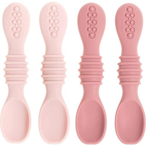Silicone Baby Spoons for Baby Led Weaning 4-Pack, First Stage Baby Feeding Spoon Set Gum Friendly BPA Lead Phthalate and Plastic Free, Pink