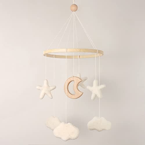 Mobile for Crib - Baby Mobile for Crib - Baby Crib Mobile - Crib Mobile for Girls, Boys - Baby Mobile for Bassinet - Gender Neutral Color Theme - Felt Cloud, Felt Star, Wood Moon