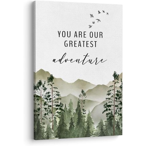 XWELLDAN You are Our Greatest Adventure Woodland Nursery Inspirational Wall Art Canvas Prints,Watercolor Forest Mountain Adventure Wall Art Decor for Kids Baby Bedroom Nursery, 16 x 24 Inch, Framed