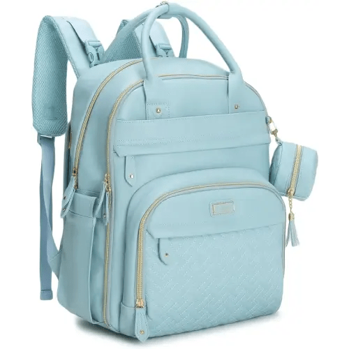 BabbleRoo Leather Diaper Bag Backpack - Baby Essentials Travel Baby Bag, Multi function, Waterproof, with Changing Pad, Stroller Straps & Pacifier Case – Unisex, Powder Blue