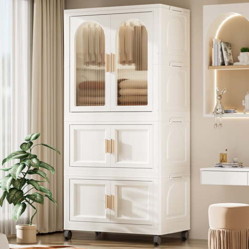 25.59" Side Wide Folding Wardrobe , 25.59"×15.75"×57.09", with Magnetic Door, Plastic Storage Cabinet with Wheels( one layer of wardrobe + two layers of folding boxes+10 hangers )
