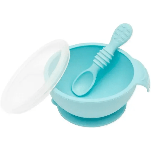 Bumkins Suction Silicone Baby Feeding Set, Bowl, Lid, Spoon, BPA-Free, First Feeding, Baby Led Weaning - Blue , 3 Piece Set