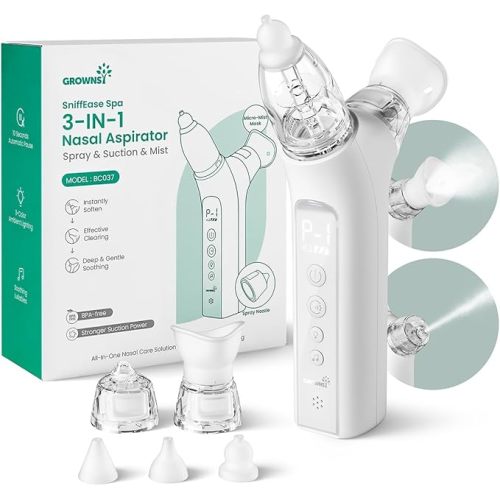 GROWNSY SniffEase Spa 3-in-1 Nasal Aspirator for Baby – Spray, Suction & Mist, Hospital-Grade Powerful Electric Nose Suction with Soothing Light & Music, Larger Chamber (Light Grey)