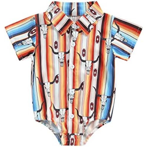 Karuedoo Western Baby Boy Clothes Cow Print Shirt Romper Infant Short Sleeve Button Down Bodysuit One Piece Gentleman Outfit