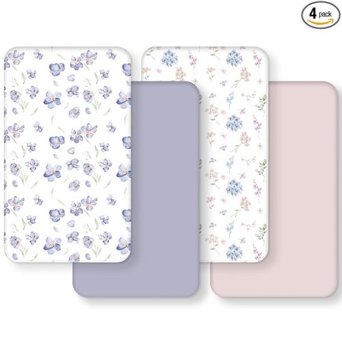 Baby Crib Sheets Girl, Toddler Bed Sheets Fitted for 52”x28”Standard Crib and Toddler Mattresses, 4 Pack Soft Breathable Stretchy Pink Purple Floral