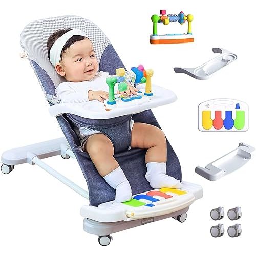 CuddoBaby Baby Bouncer 4-in-1 with Wheels, Detachable Piano, Feeding Tray, Play Bar, Thick Base. 3-Level Incline Portable Seat for Infant to Toddler 0-6, 0-12, 12-24 Months, Upto 29Lbs - Blue