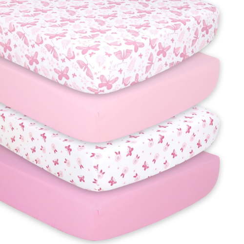 The Peanutshell Baby Girls' Nursery Bedding, 4 Pack Pink Butterfly Fitted Crib Sheets