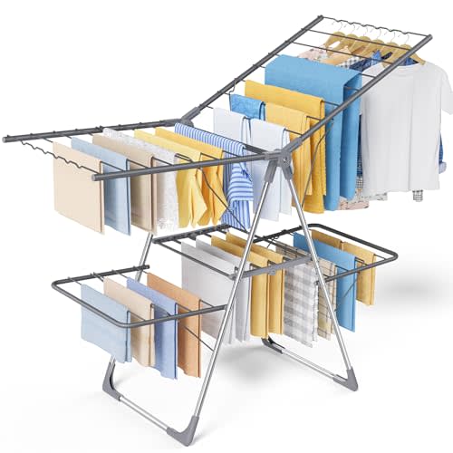 Sakugi Clothes Drying Rack, Foldable 2-Level with 55.5" Adjustable Wings | Laundry Room, Bedroom, Indoor & Outdoor Use, Height Adjustable, Clothing & Bedding, 55.5" L × 22.8" W, Gray