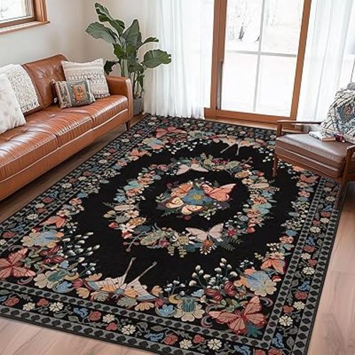 5x7 Washable Black Rugs for Living Room Bedroom, Soft Butterfly Insect Floral Printed Low Pile Area Rug, Ultra-Thin Non Slip Indoor Throw Rug for Office Kids Room, Stain Resistant Dining Room Carpet