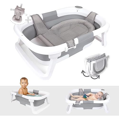 BEBELEH™ Collapsible Baby Bathtub – Bathtub + Baby tub Sling + Newborn Sling – Baby Bathtub Newborn to Toddler 0-24 Months – The Ultimate Travel Baby Bath Tub and Everyday Use! (Gray)