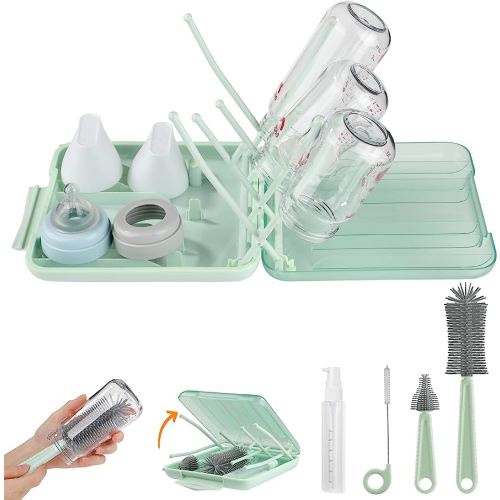 Bottle Brush Set -Baby Travel Essential-6 in 1 Bottle Cleaner Kit with Silicone Bottle Brush,Nipple Cleaner Brush,Straw Brush,Soap Dispenser,Storage Box,Bottle Drying Rack for Home and Travel(Green)