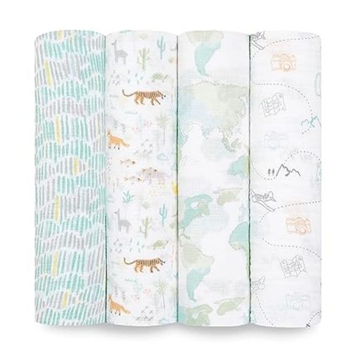 aden + anais Essentials Muslin Swaddle Blankets, Newborn Receiving Blanket for Swaddling, 100% Cotton Baby Swaddle Wrap, 4 Pack, Voyager