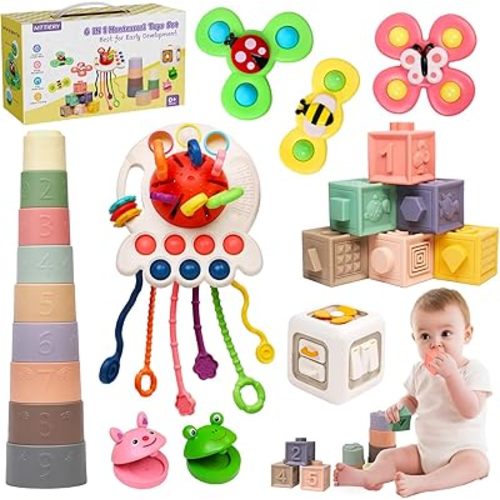 6 in 1 Baby Toys 0-6 Months, Montessori Toys for 6-12 Months, Infant Sensory Pull String Toy, Fidget Spinners Soft Buliding Blocks & Stacking Cups for Toddlers 1-3, Baby Gifts for Boys Girls