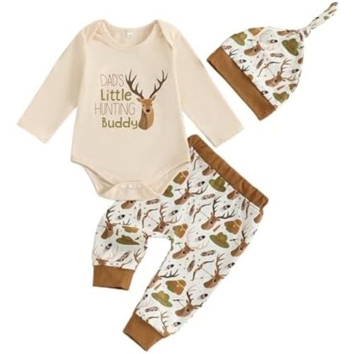 Newborn Baby Boy Hunting Outfit Deer Mallard Duck Romper Jungle Camo Pants Set Hat 3 Piece Fall Winter Clothes