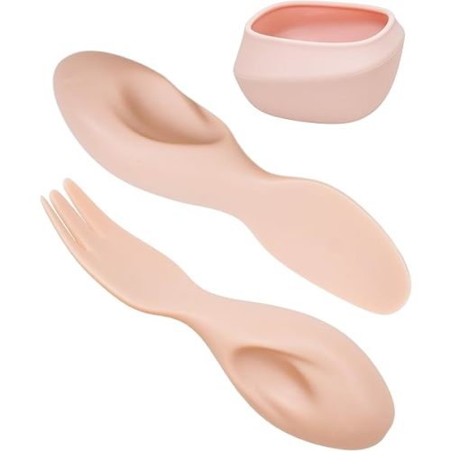 Toddler Utensils Set Ergonomic Fork and Spoon and Bowl Set Non-Slip Design for baby 1-4 Year Olds Self-Feeding BPA Free Silicone Microwave and Dishwasher Safe Fine Motor Skills (Pink)