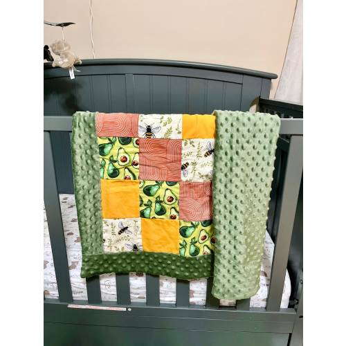 Small Baby Quilt | Bees, Avocados, Rainbow, Orange, Yellow | Car Seat Blanket | Stroller Blanket