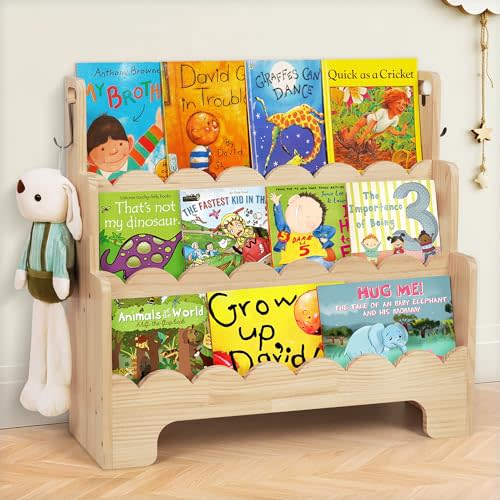 Tohiasen Kids Bookshelf Wooden 3-Tier, Scalloped Book Shelf for Kids Rooms, Front Facing Toddler Montessori Bookshelf, Baby Nursery Book Shelves Kid Classroom Book Shelf Bookcase