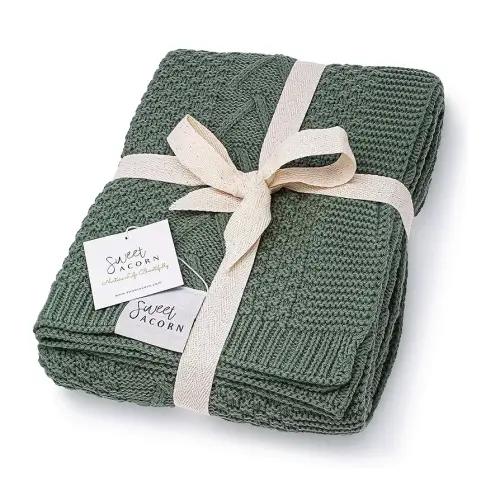 Knit Baby Blanket in Elegant Pattern, Organic Cotton Blankets for Crib or Stroller, Receiving Blankets - Juniper Green