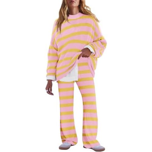 LAMISSCHE Oversized Womens Lounge Set Striped Sweater Set Long Sleeve 2 Piece Pajama Set Top and Pants with Pockets
