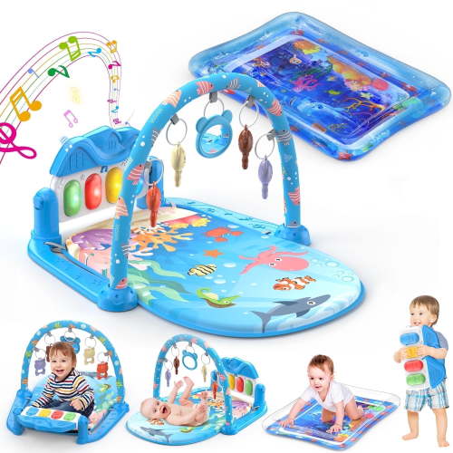 WonderStone 2 in 1 Baby Gym Playmat, Tummy Time Water Mat with 5 Infant Sensory Baby Toys & Play Piano, Boys and Girls Newborn Baby Gift 0-12 Month (Blue)