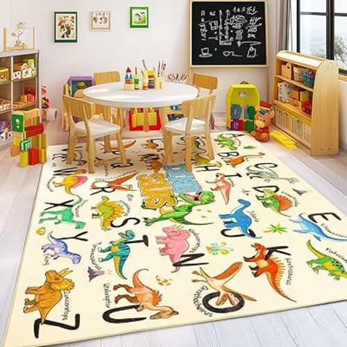 Kids Rugs for Playroom, 5x7 Feet Educational Rug for Learn The ABC Alphabet, Soft Machine Washable Non-Slip Cute Dinosaur Carpet for Classroom Toddler Nursery Kids Room Decor Mat, Beige