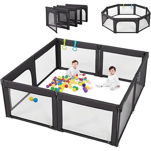 Foldable Baby Playpen, Shape & Size Adjustable Playpen for Toddler, 79x71 Large Play Pens Safety Mesh Foldable Playard for Babies, Portable Baby Fence Play Area Kids Play Pen, Black