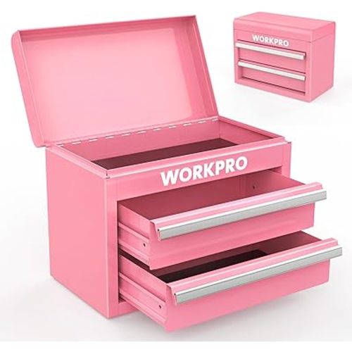 WORKPRO Mini Metal Tool Box with 2 Drawers and Top Storage, Small Tool Chest with PVC Liners and PP Feet Pads, Cold Rolled Steel Toolbox with Magnetic Tab