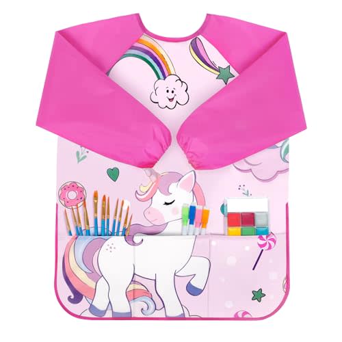 Bassion Smocks for Kids, Toddler Art Smock Artist Painting Aprons Waterproof Long Sleeve with 3 Pockets for Age 2-6 Years