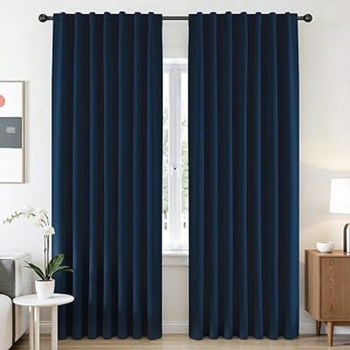 CUCRAF Navy Blue Blackout Curtains 90 Inches Length 2 Panels Set, Rod Pocket and Back Tab Window Curtain, Dark Blue Thermal Insulated Darkening Drapes for Bedroom Living Room (W52 x L90 Inch)