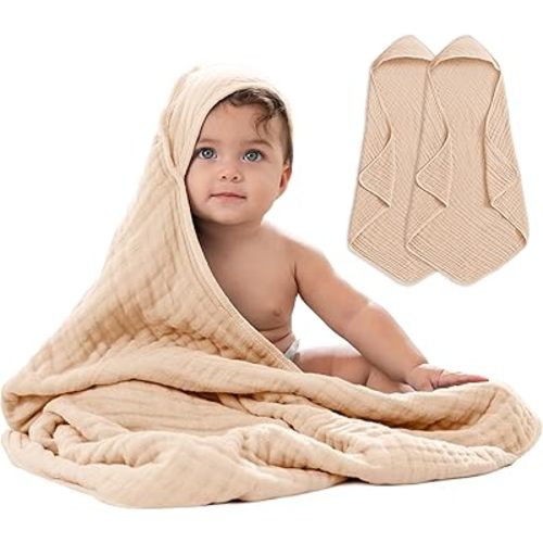 Comfy Cubs Hooded Baby Towel 2-Pack, Large 32 x 32 Inch - 6 Layer 100% Muslin Cotton for Babies, Toddlers and Kids - Soft & Absorbent Baby Bath Towels - Unisex Design for Bath Time - Cream