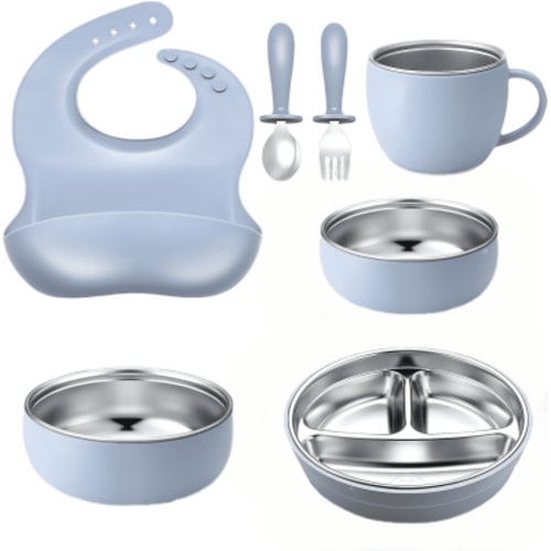 Stainless Steel Baby Feeding Set - Baby Led Weaning Supplies - 6 Pcs Kids Plates and Bowls Set - Includes Adjustable Bib, Forks Spoons, Toddler Cup, Suction Bowls for Baby Toddle (Blue)