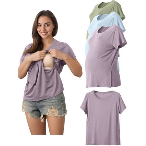 Rnxrbb Hidden Summer Nursing Tops for Breastfeeding Short Sleeve Maternity Nursing T Shirts Clothes 3 Pack Double Layer
