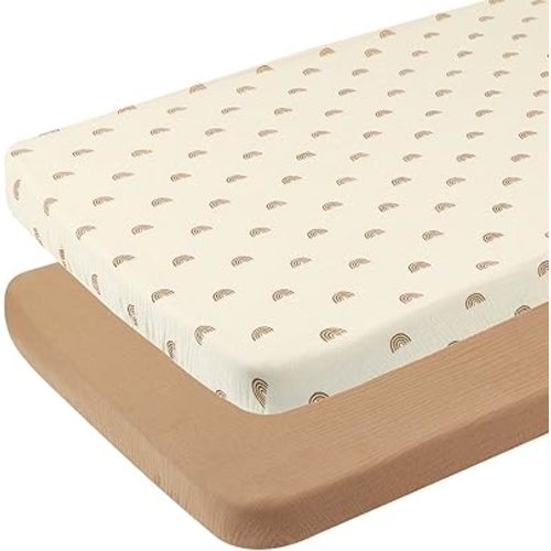 Muslin Pack and Play Sheets 30" x 43" Compatible with 4moms Breeze Plus Playard & Breeze Go Playard and Other Large Playpen Mattress, 100% Cotton 2 Pack, Natural and Rainbow