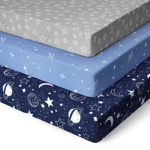 Pack and Play Sheets Fitted 3 Pack, Mini Crib Sheets for Pack N Play Mattress Stretchy Portable Playard Sheets, Soft Breathable Blue Gray Planet