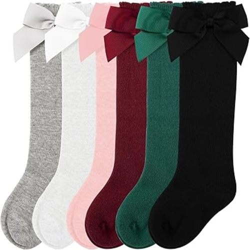 CozyWay Baby & Toddler Knee High Bow Socks For Girls - Multi Color - 6 Pack