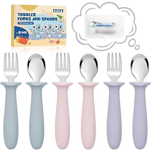 6 PCS Toddler Utensils Kids Silverware Set with Silicone Handle Children Food Grade 18/8 Stainless Steel Toddler Forks and Spoons Safe Anti-Choke Design Mirror Polished Sturdy Durable Dishwasher Safe