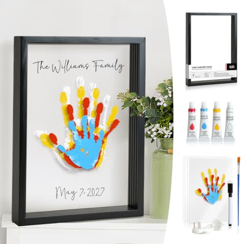 Kaciola Family Handprint Kit, DIY Newborn Keepsake Frame, Baby Hand and Footprint Kit with 4 Non-Toxic Paints, Unique New Baby Gift for Mothers Day Crafts Anniversary (Black)