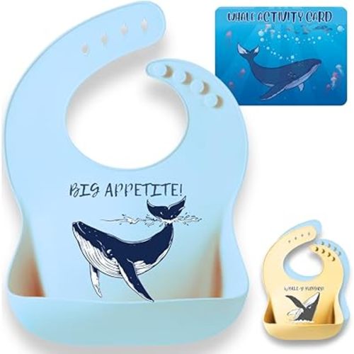 Animal Silicone Bibs for Babies - 2 Pack Sea Life Bibs for Boys and Girls - Easy to Clean Adjustable