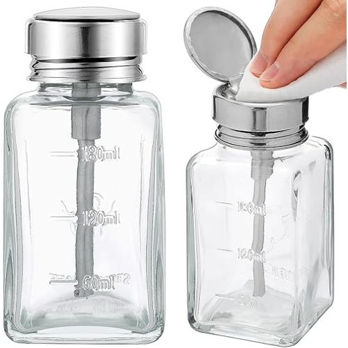 2 Pcs 6 Oz/ 180 ml Clear Pump Dispenser Bottle with Metal Flip Cover Glass Nail Polish Remover Push Down Dispenser Bottle Refillable Push Down Pump Dispenser Press Container for Makeup Remover