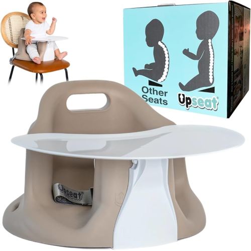 Upseat – The Original Ergonomic Baby Floor & Booster Seat with Tray, Developed with Physical Therapists for Upright Posture & Healthy Hip Development, 4–24 Months, Extra-Large Tray (Taupe)