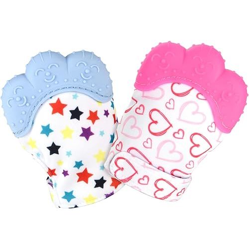 2Pack Silicone Teething Mitt, Soothing Infant Teething Mitten Pain Relief, Prevent Scratches Glove, Safe Silicone Teething Toys for 0-12 Months