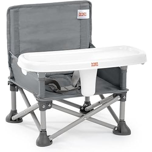 Bright Starts Pop 'N Sit Portable Booster, Indoor/Outdoor Use, Floor Seat with Feeding Tray, Grey, 6 Mos - 3 Yrs