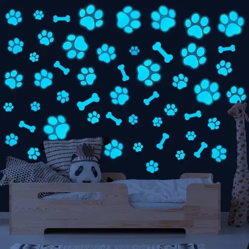 Dog Paw Print Stickers Glow in The Dark Wall Decals Pup Dog Room Decor Stickers Vinyl Dog Paw Bone Wall Decals Removable Animal Footprint Decal for Kids Boys Girls Bedroom Nursery Floor Ceiling Decor
