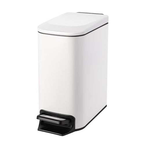 Cesun Small Bathroom Trash Can with Lid Soft Close, Step Pedal, 6 Liter / 1.6 Gallon Stainless Steel Slim Garbage Can for Bedroom, Diaper Waste Basket with Removable Inner Bucket (White)