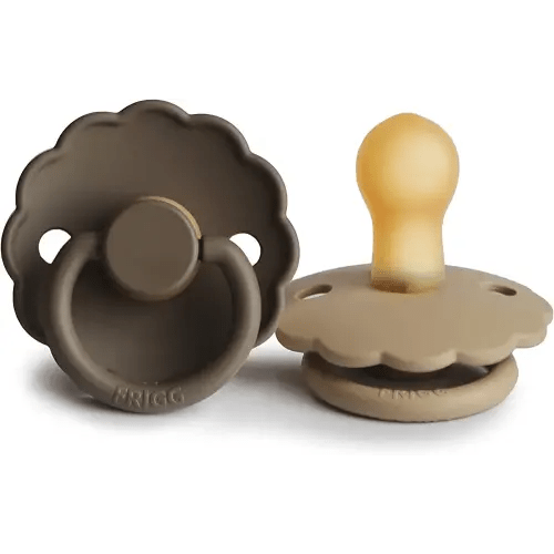 FRIGG Daisy Natural Rubber Baby Pacifier | Made in Denmark | BPA-Free (Croissant/Portobello, 0-6 Months) 2-Pack