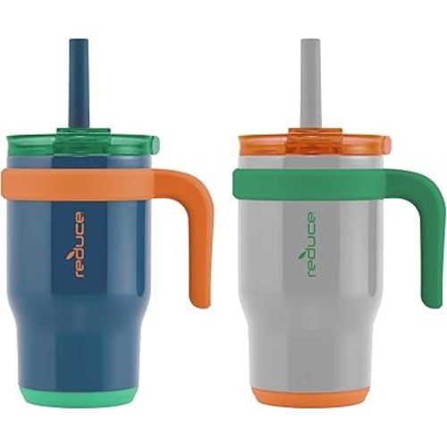 REDUCE 14 oz Coldee Tumbler with Handle for Kids - 2 Pack, Leakproof Insulated Stainless Steel Mug with Lid & Spill-Proof Straw, Keeps Drinks Cold up to 18 Hrs, Grey and Navy