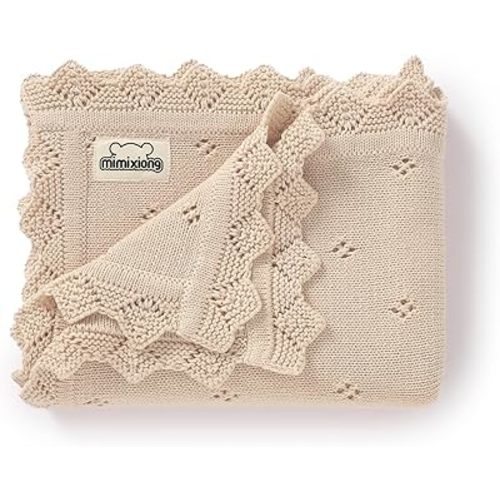 mimixiong Cotton Baby Blanket Knitted Crochet Receiving Crib Nursery Swaddling Blankets for Newborn Baby Boy Girl 30x40 Inch (Oatmeal)