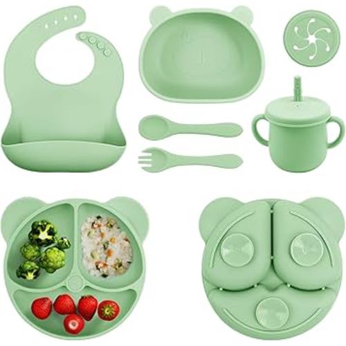 Baby Led Weaning Supplie, Silicone Baby Feeding Set with Suction Plate and Bowl, Toddler Self Feeding Essentials with Spoons Forks Bib Sippy Cup, Eating Utensils for 6+ Months (10 Pcs)